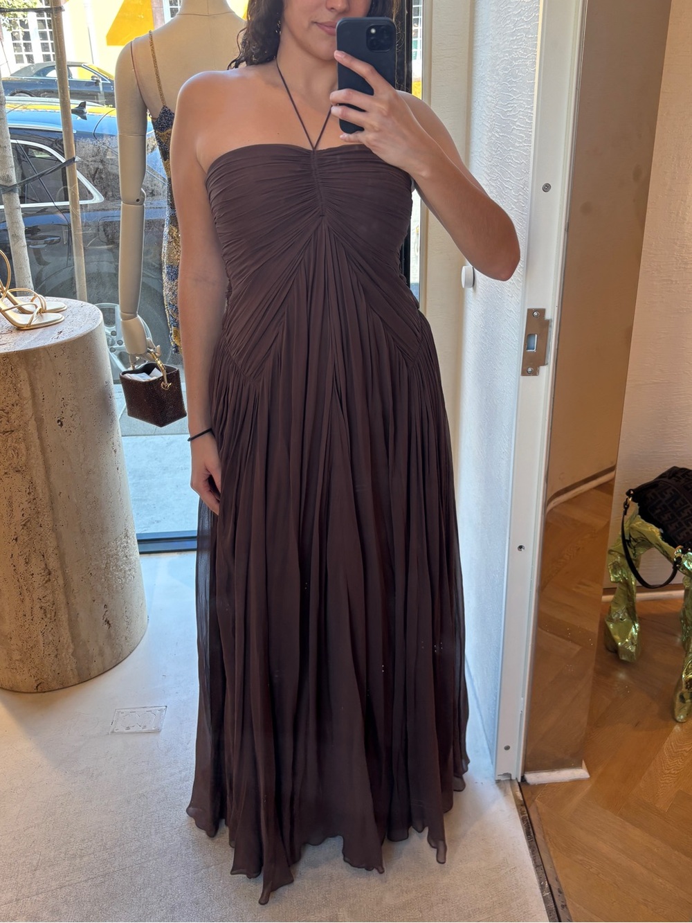Cult Gaia - RITZ GOWN - Brown Ruched Chiffon Evening Dress - Women's Formal Gown - Picture 1 of 9